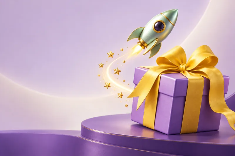 Lila cadeau met gele strik en een mintgroene raket
