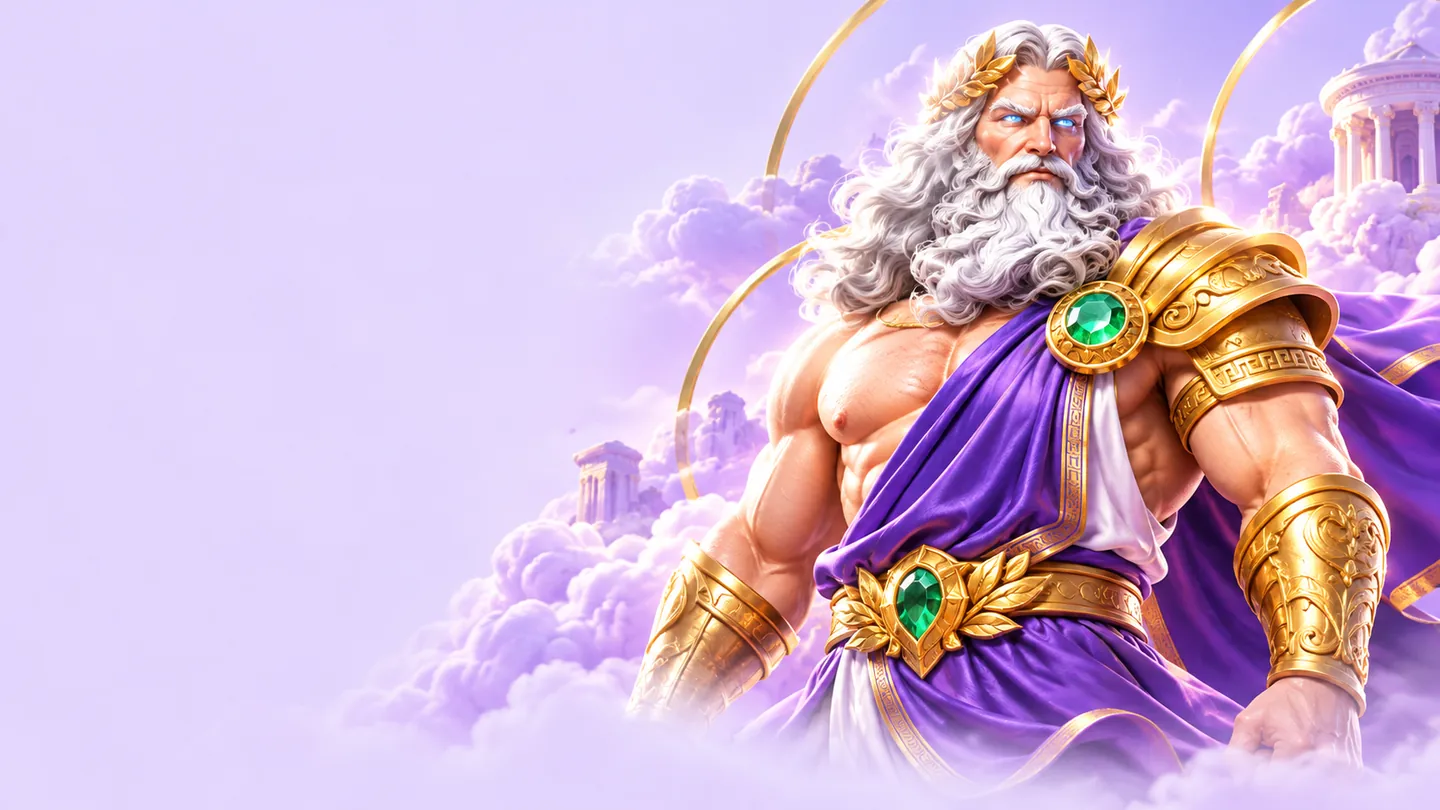 Zilveren Zeus met gouden harnas en paarse mantel tussen lila wolken