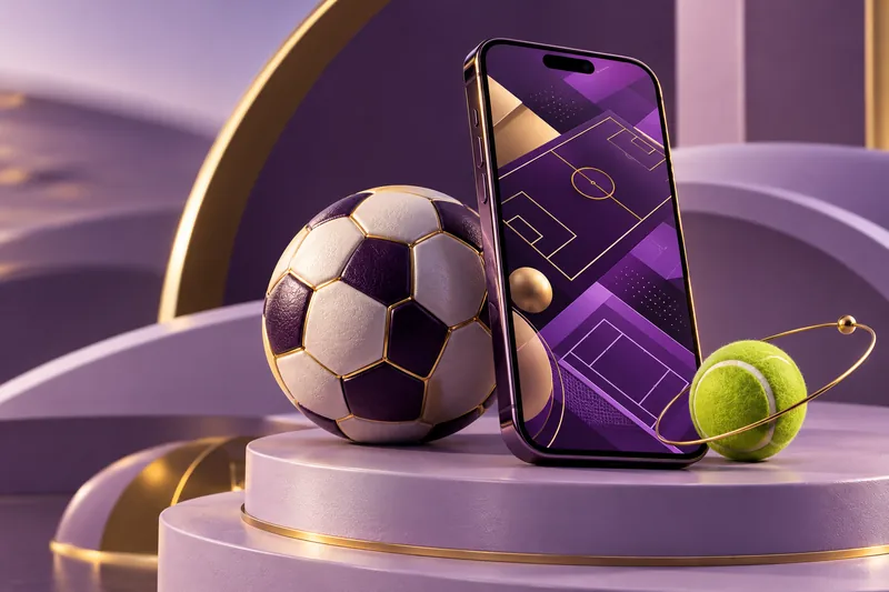Smartphone met abstract sportveld, voetbal en tennisbal